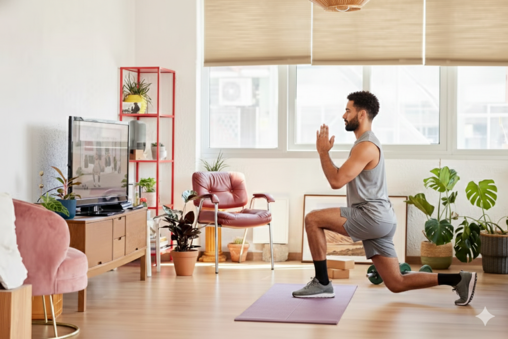 Young Woman Practicing Squats In Living Room